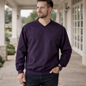 JOHN ASHFORD Retro 90s Purple Lined V-Neck Windbreaker Pullover Jacket L